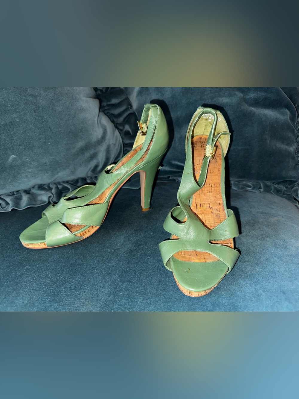 Nine West Green Strappy Cork-Inset High Heels - Size 7